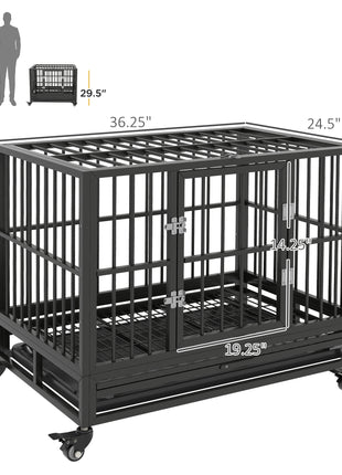 36" Heavy Duty Dog Crate Metal Cage Kennel with Lockable Wheels, Double Door and Removable Tray, Gray