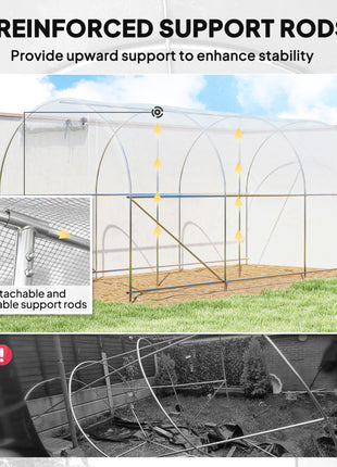 Hoop House Greenhouse, Walk-in Tunnel Greenhouse with 2 Support Rods, Zippered Roll-up Mesh Door, 14.6'x6.5'x6.6', White