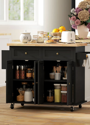 44" Mobile Kitchen Island Table, Kitchen Island Cart on Wheels with Storage Cabinets, 2 Drawers, Black