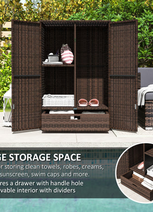 Outdoor Storage Cabinet with Shelves, Rattan Pool Towel Storage Cabinet with Removable Shelf & Drawer, Mixed Brown