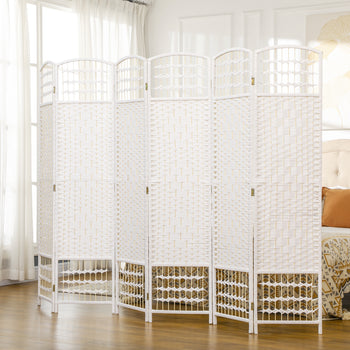 6 Panel Folding Room Divider Portable Privacy Screen Wave Fiber Room Partition for Home Office White