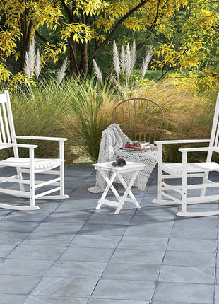 Wooden Rocking Chair Set, Curved Armrests, High Back, Slatted Top Table Outdoor Rocker Set, White