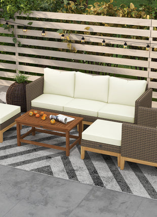 Patio Furniture Set w/ Cushions, 5 PCs PE Rattan Conversation Furniture Set, Cream White