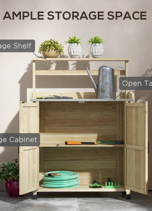 Outdoor Wooden Potting Bench with Storage Cabinet, Shelves, Galvanized Plated Tabletop for Backyard, Balcony, Natural