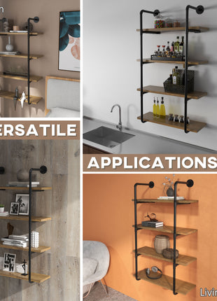 4-Tier Industrial Pipe Shelves Floating Wall Mounted Bookshelf, Metal Frame Display Rack, 1" Thickness Shelving Unit for Farmhouse, Kitchen, Bar, Rustic Brown