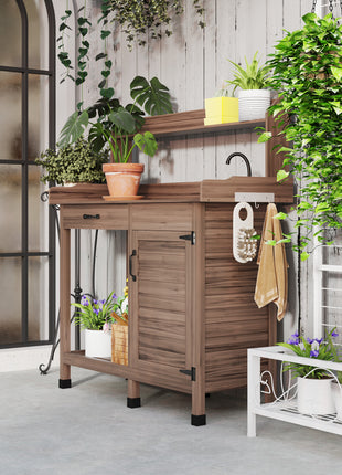 Potting Bench Table with Removable Sink, Outdoor Work Bench Table with Storage Cabinet, Hooks, Faucet and Drawer for Greenhouse, Garden, Patio, Dark Brown