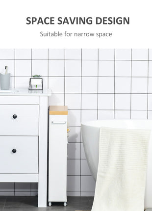 Slim Bathroom Cabinet with Castor Wheels Storage Organizer and Wood Shelves To Fit In Small Spaces, White