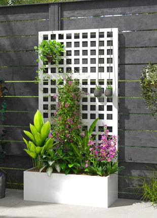 Galvanized Raised Garden Bed Planter Box with Trellis for Climbing Plants, Vegetable, Vines, 35" x 16" x 70", White
