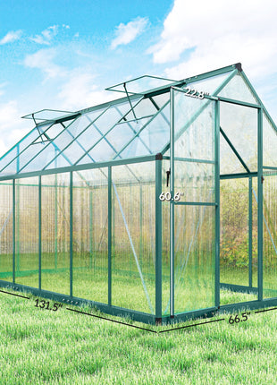 Polycarbonate Greenhouse with Swing Door and Two Adjustable Roof Vents, Aluminum Walk-in Greenhouse, 11x6 ft, Dark Green