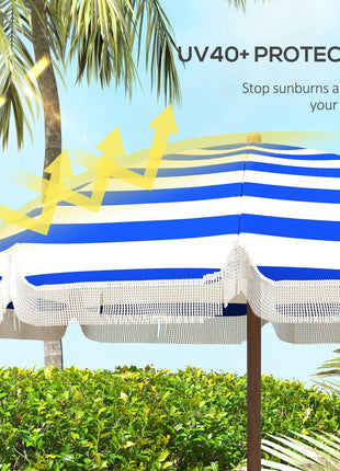 6.2' Beach Umbrella for Travel, Vent, Ruffles, Carry Bag, Portable Outdoor Umbrella for Garden, Blue Stripe