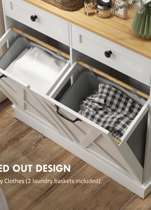 Tilt Out Laundry Hamper Cabinet, Bathroom Storage Cabinet with 2 Removable Baskets and 2 Drawers, White