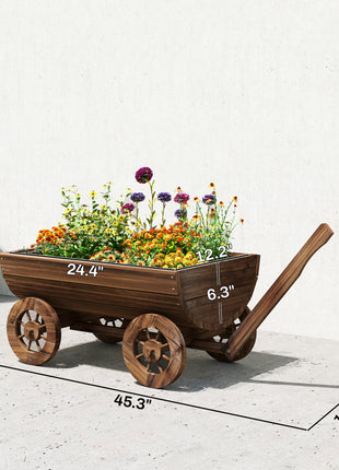 Wooden Wagon Planter Box, Mobile Garden Planter with 4 Wheels, Small Wheelbarrow Wagon Flower Cart with Drainage Hole