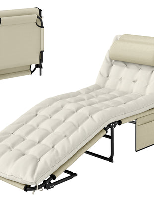 Folding Chaise Lounge Pool Chair with 4-level Reclining Back, Cushion, Side Pocket, Headrest, Beige