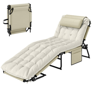 Folding Chaise Lounge Pool Chair with 4-level Reclining Back, Cushion, Side Pocket, Headrest, Beige