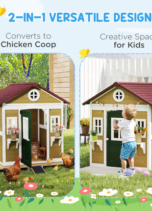 Wooden Playhouse for Kids Outdoor with Doors, Windows, Planter Pots and Boxes for Toddlers 3-8 Years, Beige