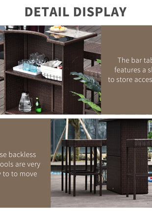 5 Piece Wicker Outdoor Bar Set, High Top Outdoor Table and Chairs, Height Patio Set with Glass Table Top 2 Tier Storage Shelf and 4 Bar Stools for Garden, Poolside, Dark Brown