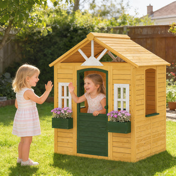 Outdoor Playhouse, Wooden Kids Playhouse with Door, 3 Windows, 2 Flower Boxes for Garden, Indoor Playroom, Ages 3–8