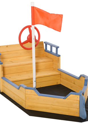 Kids Wooden Sandbox Pirate Ship Sandboat w/ Bench Seat Storage Space Ceder Wood