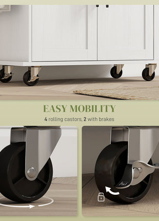 Rolling Island with Wheels for Kitchen, Kitchen Island on Rollers with Power Outlets, Drawer, and Doors, White