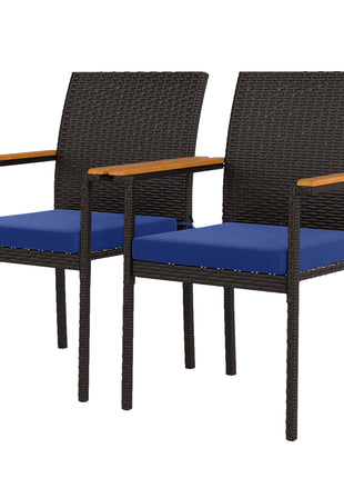 Stackable Patio Wicker Dining Chair Set of 2 with Cushions, Backrest, Armrests for Deck, Garden, Navy Blue