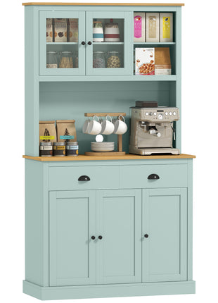 Kitchen Pantry Storage Cabinet with Microwave Stand, 71" Modern Kitchen Hutch with Open Countertop, Glass Doors, Storage Drawers and Adjustable Shelves for Dining Room, Coffee Bar, Light Green