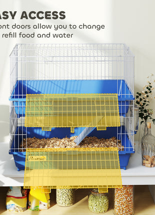2-Tier Guinea Pig Cage, Ferret Cage, Chinchilla Cage, Small Animal Cage Indoor with Dish and Bottle, 2 Doors, Deep Bottoms, Ramp, 28", Blue