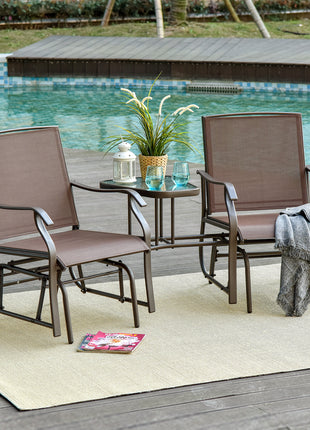 Outdoor Glider Chairs with Coffee Table, Patio 2-Seat Rocking Chair Swing Loveseat with Breathable Sling for Backyard, Garden, and Porch, Coffee Brown