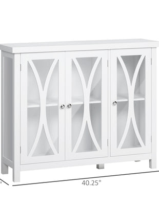 Sideboard, Buffet Cabinet with 3 Tempered Glass Doors, Arc Pattern and Adjustable Storage Shelf, Credenza, White