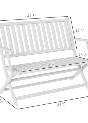 2-Person Foldable Wood Outdoor Bench with Backrest and Armrests for Garden, Porch, Park, Balcony, White