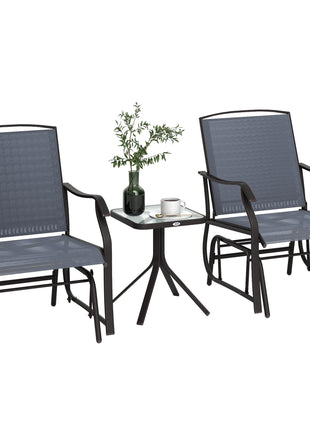 3 Piece Outdoor Glider Chair with Coffee Table Bistro Set, 2 Patio Rocking Swing Chairs with Breathable Sling Fabric, Glass Tabletop, for Backyard, Garden and Porch, Gray