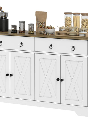 Kitchen Storage Sideboard, Farmhouse Buffet Cabinet with Barn Style Doors, Drawers, Adjustable Shelves, White