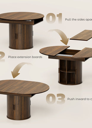 Extendable Dining Table for 6, 60" Farmhouse Kitchen Table with 2-Tier Storage Shelf and Fluted Sliding Doors, Walnut