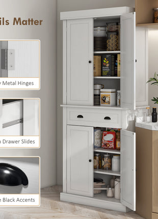 72.5" Kitchen Cabinet, Pantry Storage Cabinet with Doors and Shelves, Freestanding Food Pantry Cabinet, White Wood Grain