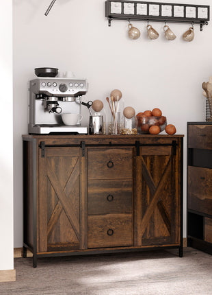 Buffet Cabinet Kitchen Sideboard with Sliding Barn Doors, Brown