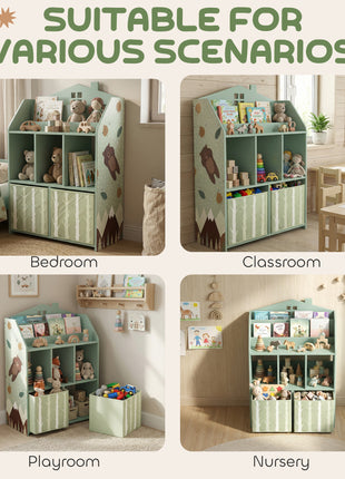 Kids Bookshelf with Storage, Toy Storage Unit with Book Display, Shelves and Fabric Drawers for Playroom Nursery, Green