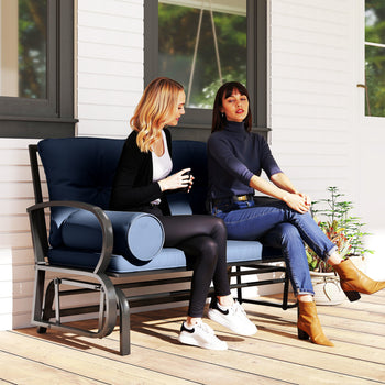 Swing Glider Rocking Chair, Double Patio Bench, 2 Person Loveseat with Steel Frame, Cushions, Pillow Armrests, Blue
