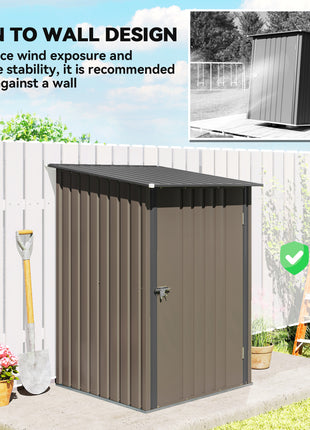 Outdoor 3.3' x 3.4' Lean-to Garden Storage Shed, Galvanized Steel Tool House with Lockable Door for Patio, Brown
