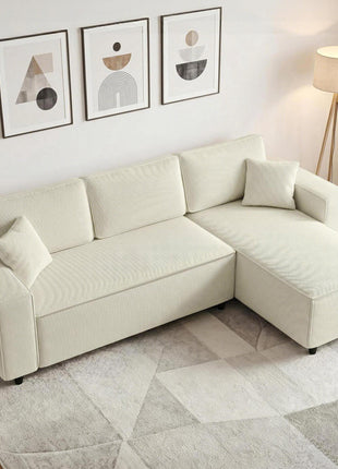 Corner Sofa with Reversible Chaise Lounge, Corduroy L-Shaped Sectional Sofa with Pocket Spring, Cream White