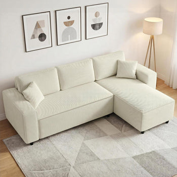 Corner Sofa with Reversible Chaise Lounge, Corduroy L-Shaped Sectional Sofa with Pocket Spring, Cream White