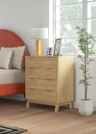 4 Drawer Double Dresser for Bedroom, Fluted Chest of Drawers with Gold Finger Pulls and 4 Wood Legs, Natural Wood