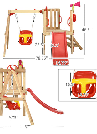 4-in-1 Wooden Swing Set with Swing, Slide, Horn, Steering Wheel, Red