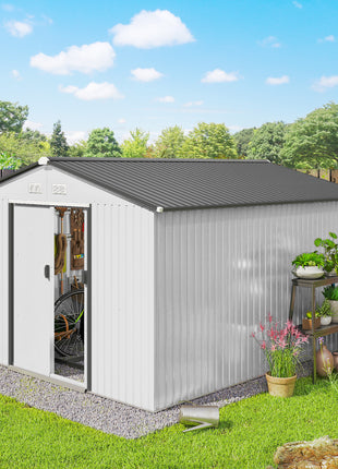 11' x 9' Metal Storage Shed Garden Tool House with Double Sliding Doors, 4 Air Vents for Backyard, Patio, Silver