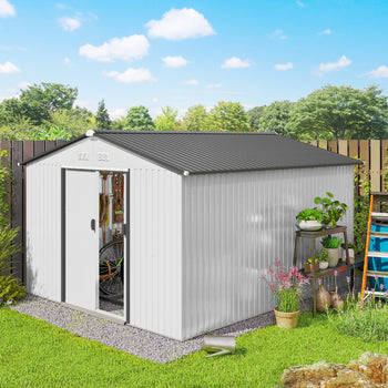 11' x 9' Metal Storage Shed Garden Tool House with Double Sliding Doors, 4 Air Vents for Backyard, Patio, Silver