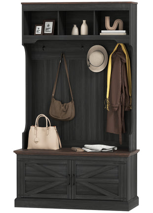 3-in-1 Hall Tree with Shoe Storage, Coat Rack with Bench, Entryway Furniture with Five Hooks, Black Wood Grain