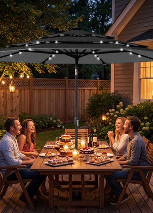 9.7 ft Outdoor Patio Umbrella with Solar LED Lights, 3 Tier Outdoor Table Umbrella with Tilt, Crank, Black