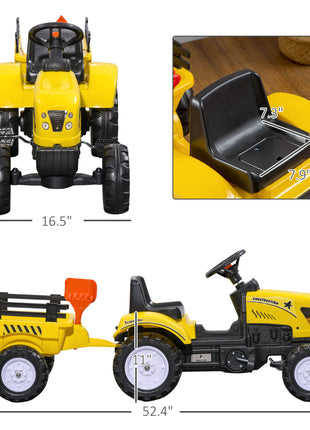 Kids Ride on Tractor with Back Trailer, Shovel & Rake, Horn, Pedal Go Kart for 3 Years Old, Yellow