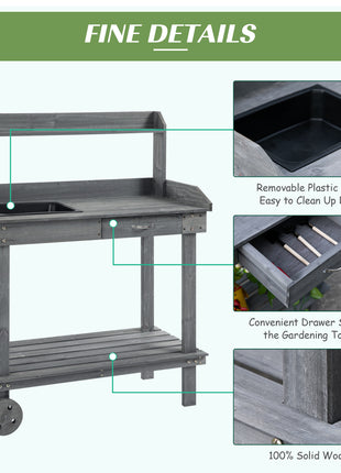 36'' Wooden Potting Bench Work Table with 2 Removable Wheels, Sink, Drawer & Large Storage Spaces, Gray