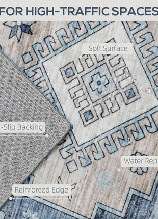 8x10 Area Rug, Vintage Washable Rug, Non-Slip Floor Carpet for Living Room, Bedroom, Dining Room, Blue