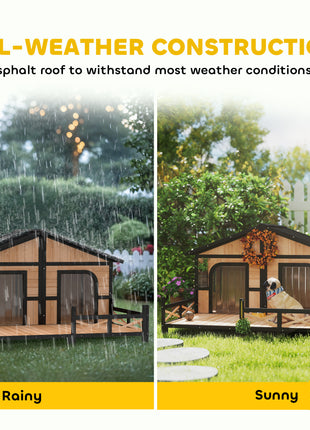 Dog House Outdoor, Wooden Dog Kennel Weatherproof with Porch, Openable Roof, Removable Bottom, Elevated Floor, Double Room for 2 Small to Medium Breeds, Natural