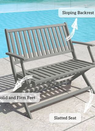 2-Person Foldable Wood Outdoor Bench with Backrest and Armrests for Garden, Porch, Park, Balcony, Gray